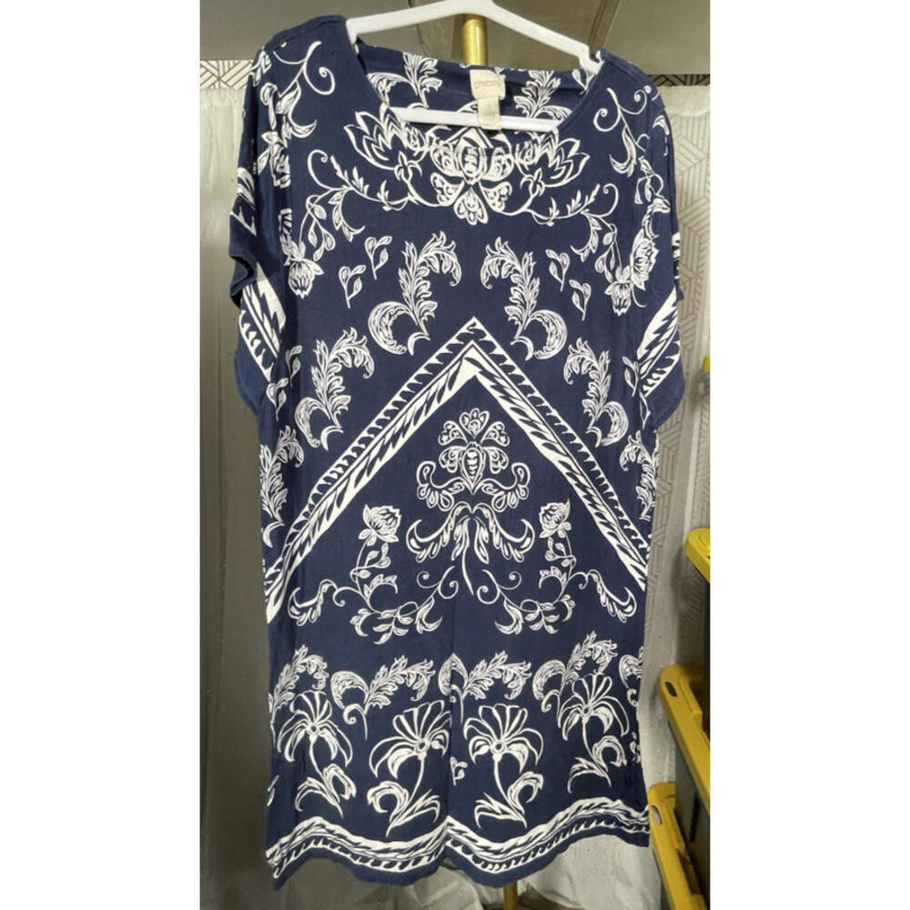 Chicos Geometric Scrolls Dress Navy White Paisley Floral Stretchy Shift Sz 2 (L)